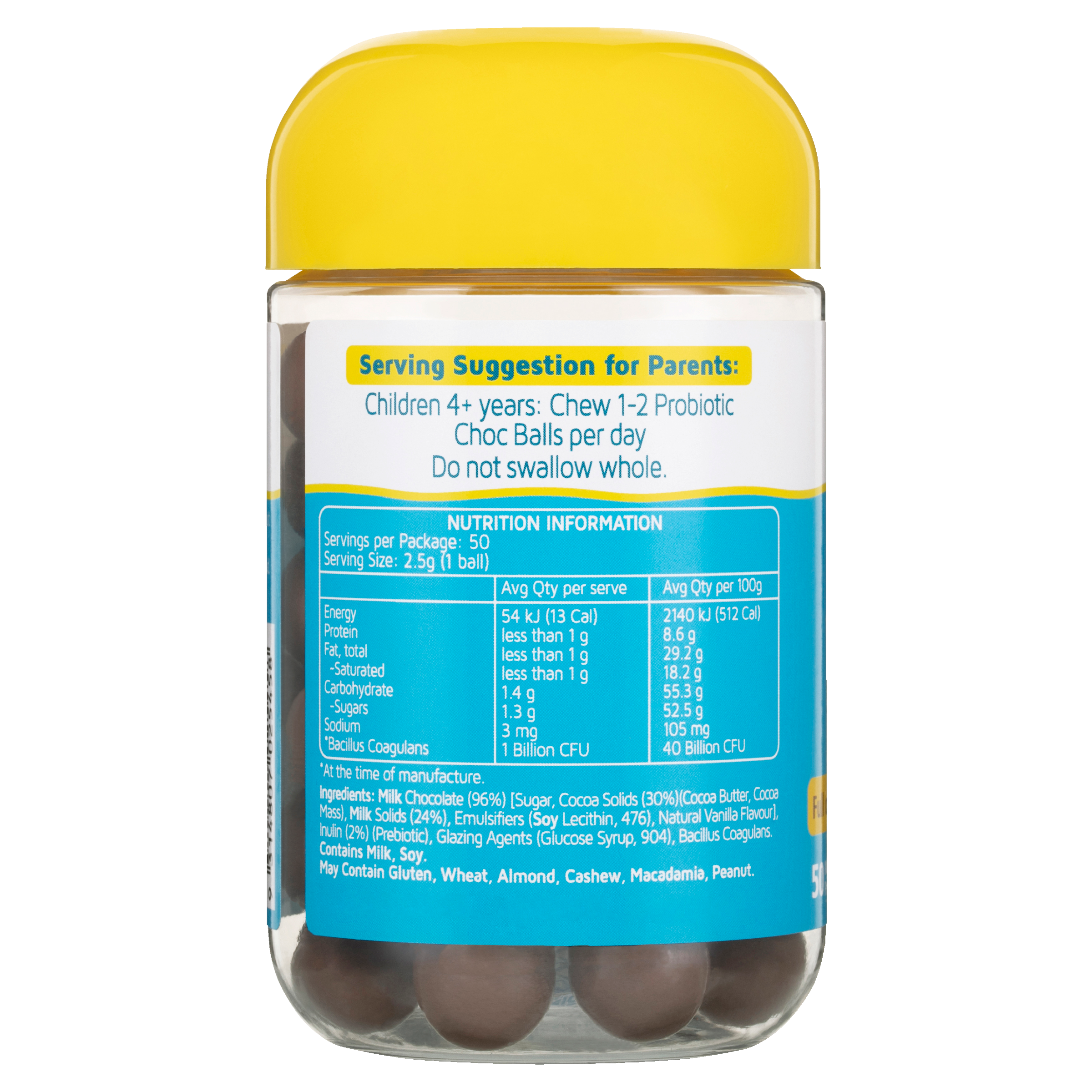 Nature's Way Kids Smart Probiotic Choc Balls 50's - back nutrition panel