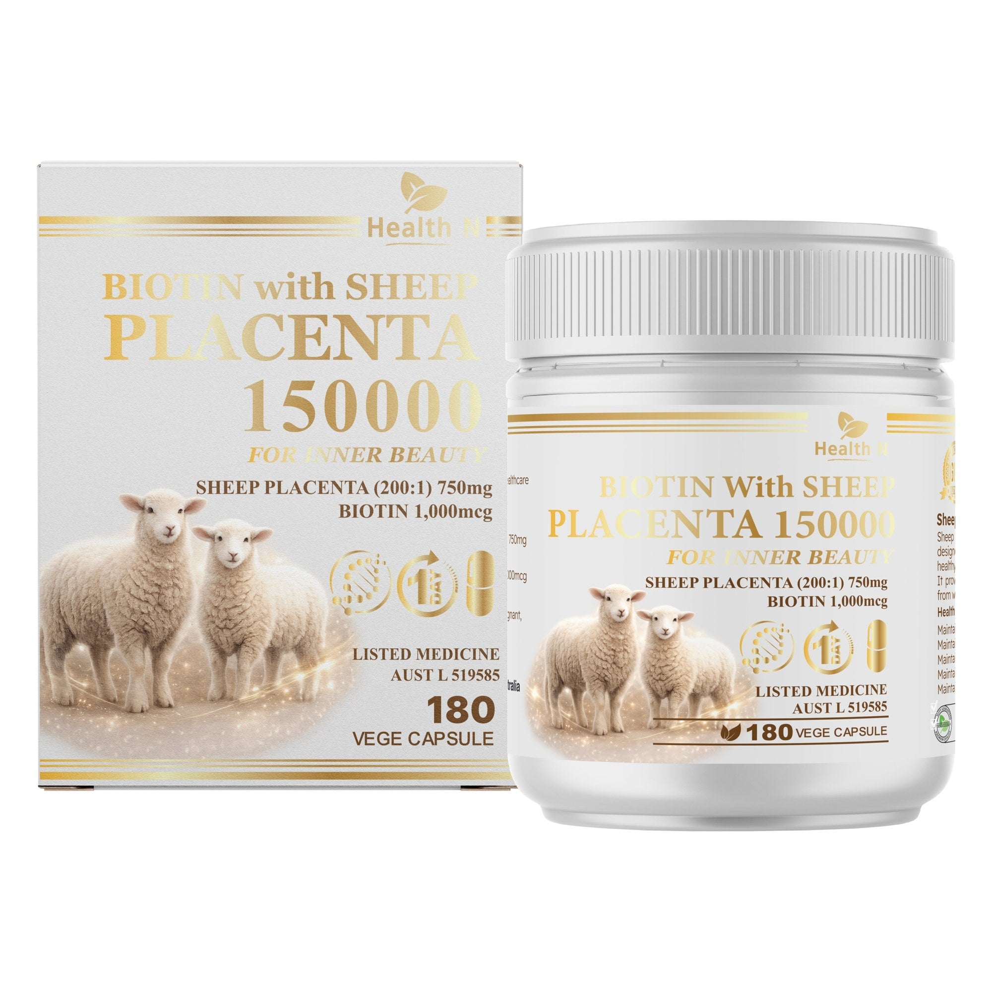 Health N Biotin with Sheep Placenta 150000 For Inner Beauty, 180 vege capsules, box and jar