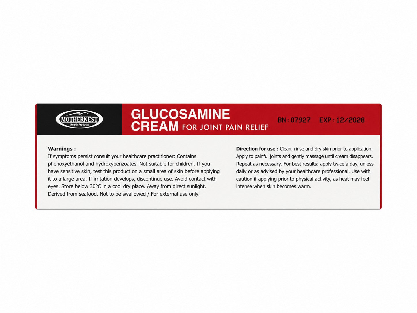 Mothernest Glucosamine Joint Cream 100g back of pack with directions and warnings