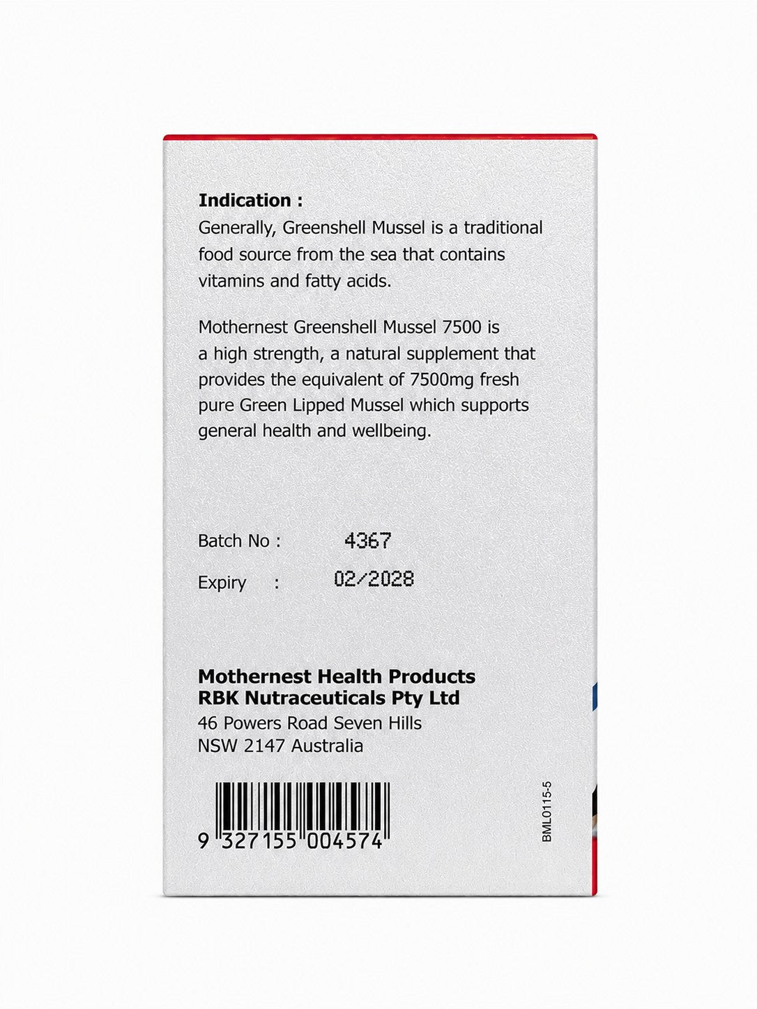 Mothernest Greenshell Mussel 7500 100 Capsules back of pack with indication