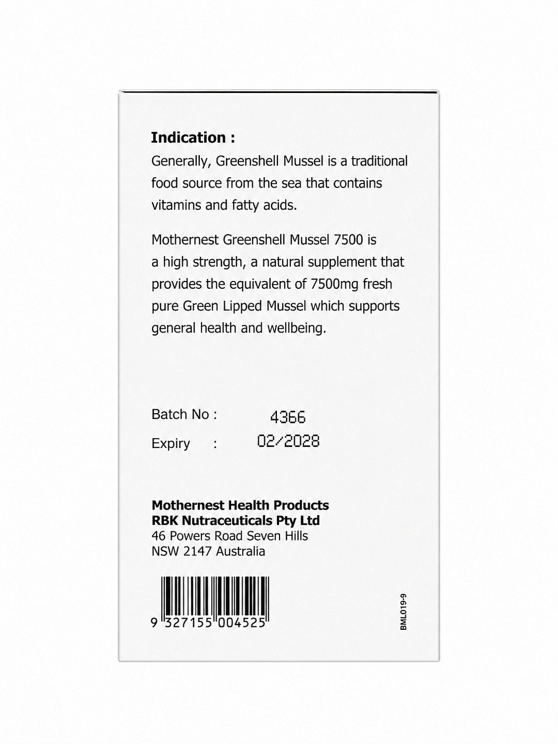 Mothernest Greenshell Mussel 7500 365 Capsules back of pack with indication