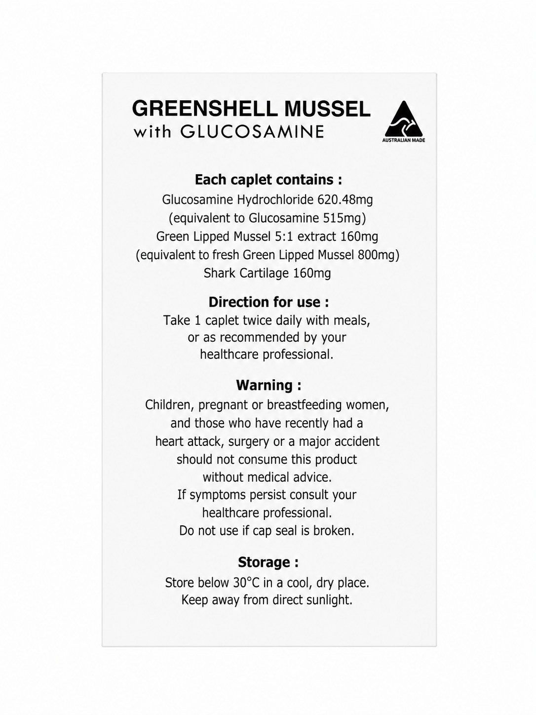 Mothernest Greenshell Mussel with Glucosamine 100 Caplets back of pack with ingredients, directions and warnings