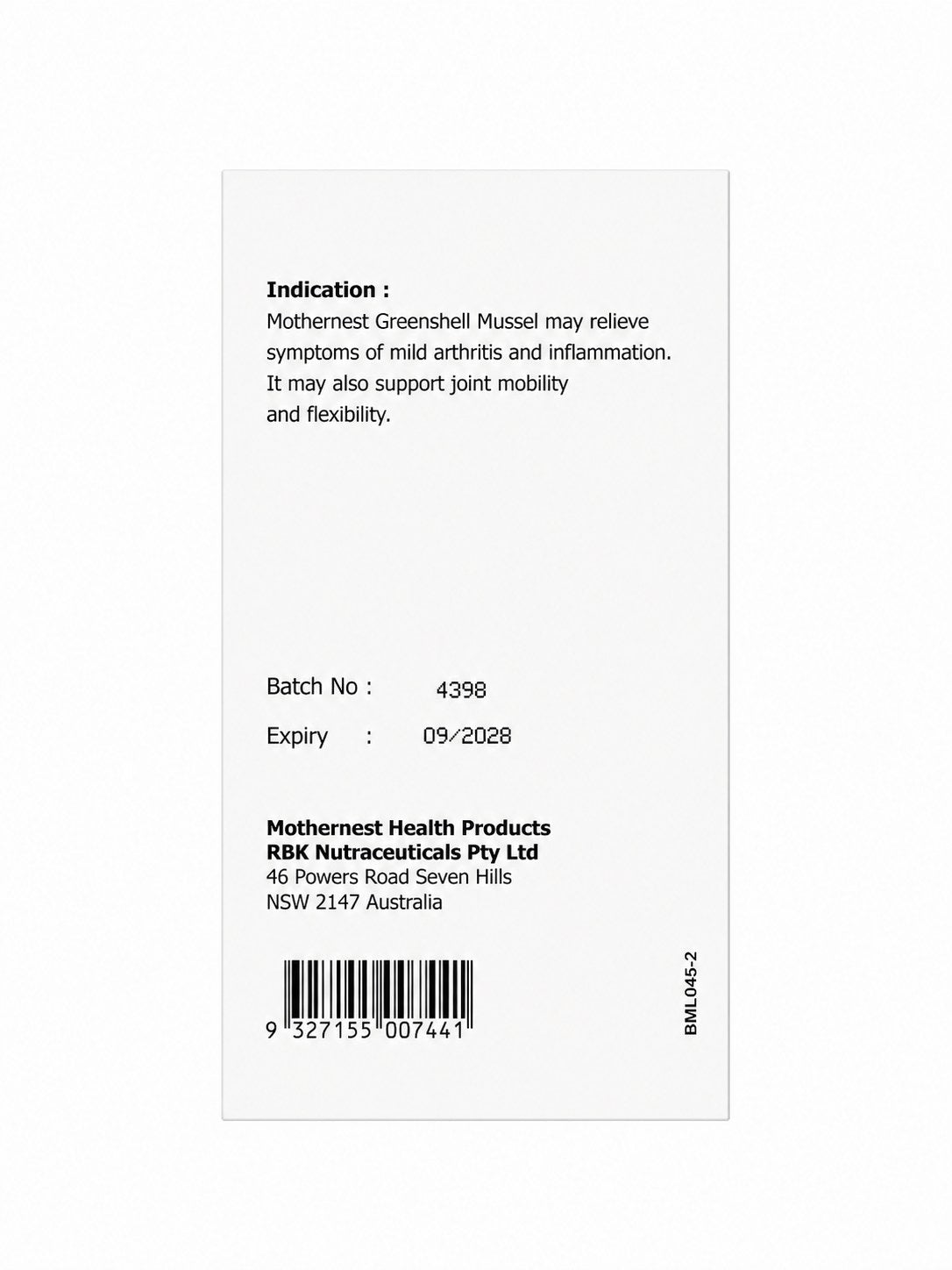 Mothernest Greenshell Mussel with Glucosamine 365 Caplets back of pack with indication