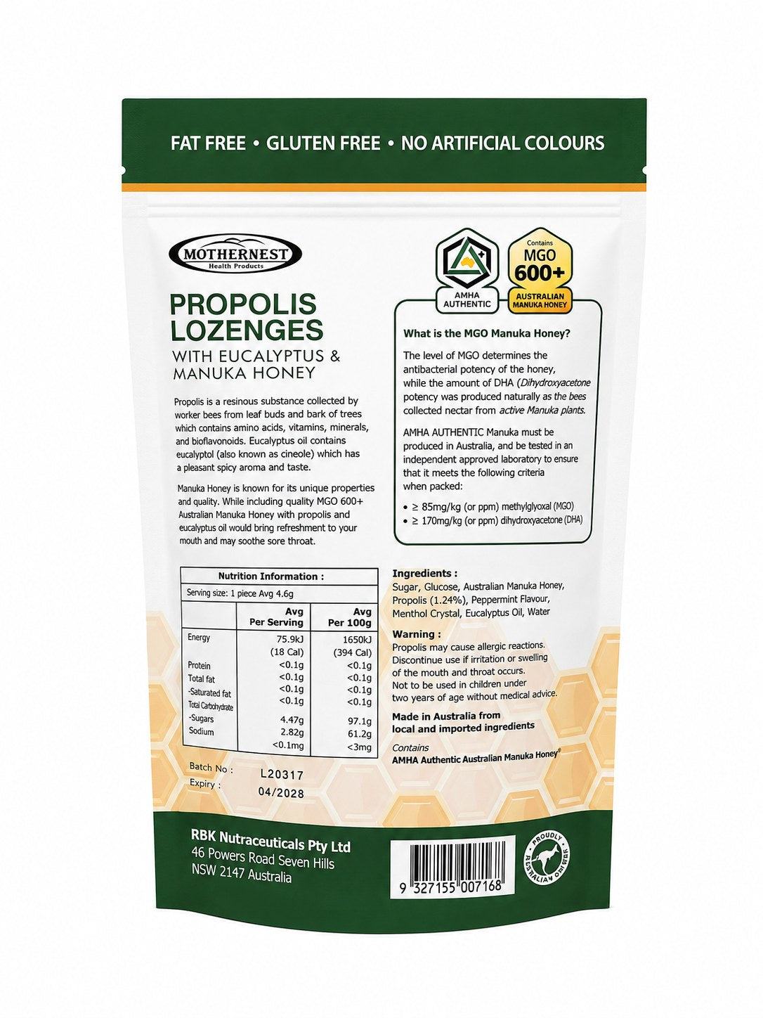 Mothernest Propolis Lozenges 400g back of pack with ingredients, nutrition information and warnings