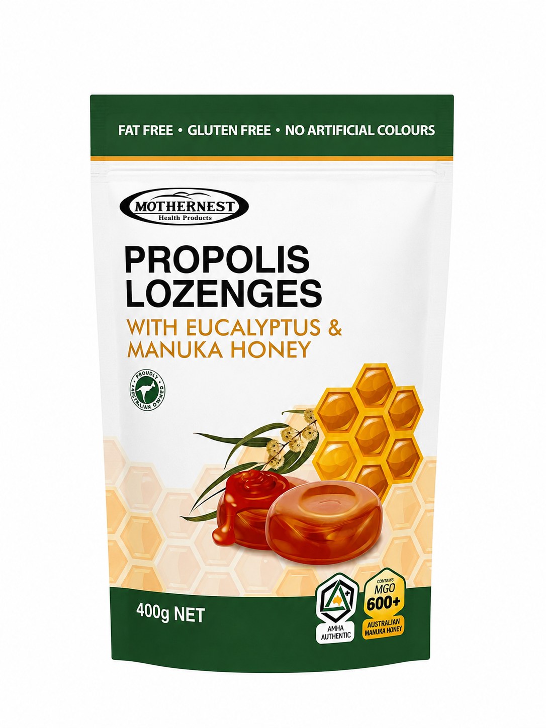 Mothernest Propolis Lozenges with Eucalyptus & Manuka Honey 400g front of pack