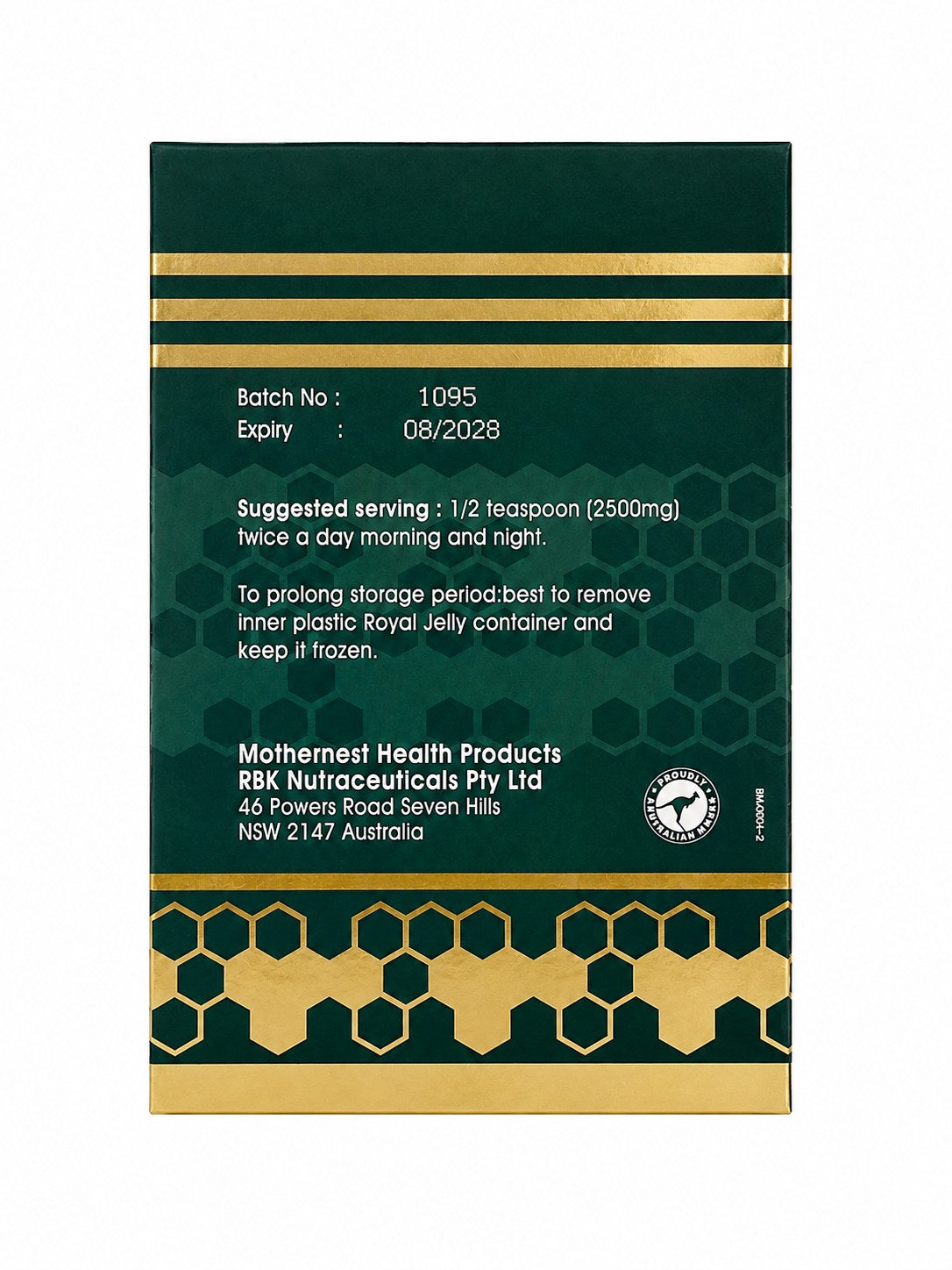 Mothernest Pure Fresh Royal Jelly 1Kg back of pack with serving and storage instructions