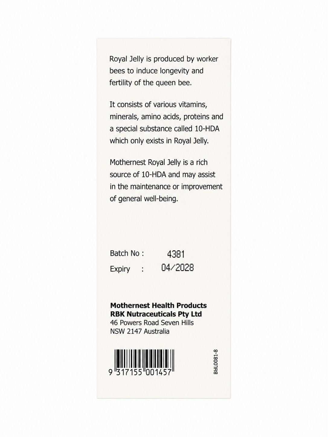 Mothernest Royal Jelly Powder Capsule 365 Capsules back of pack with indication