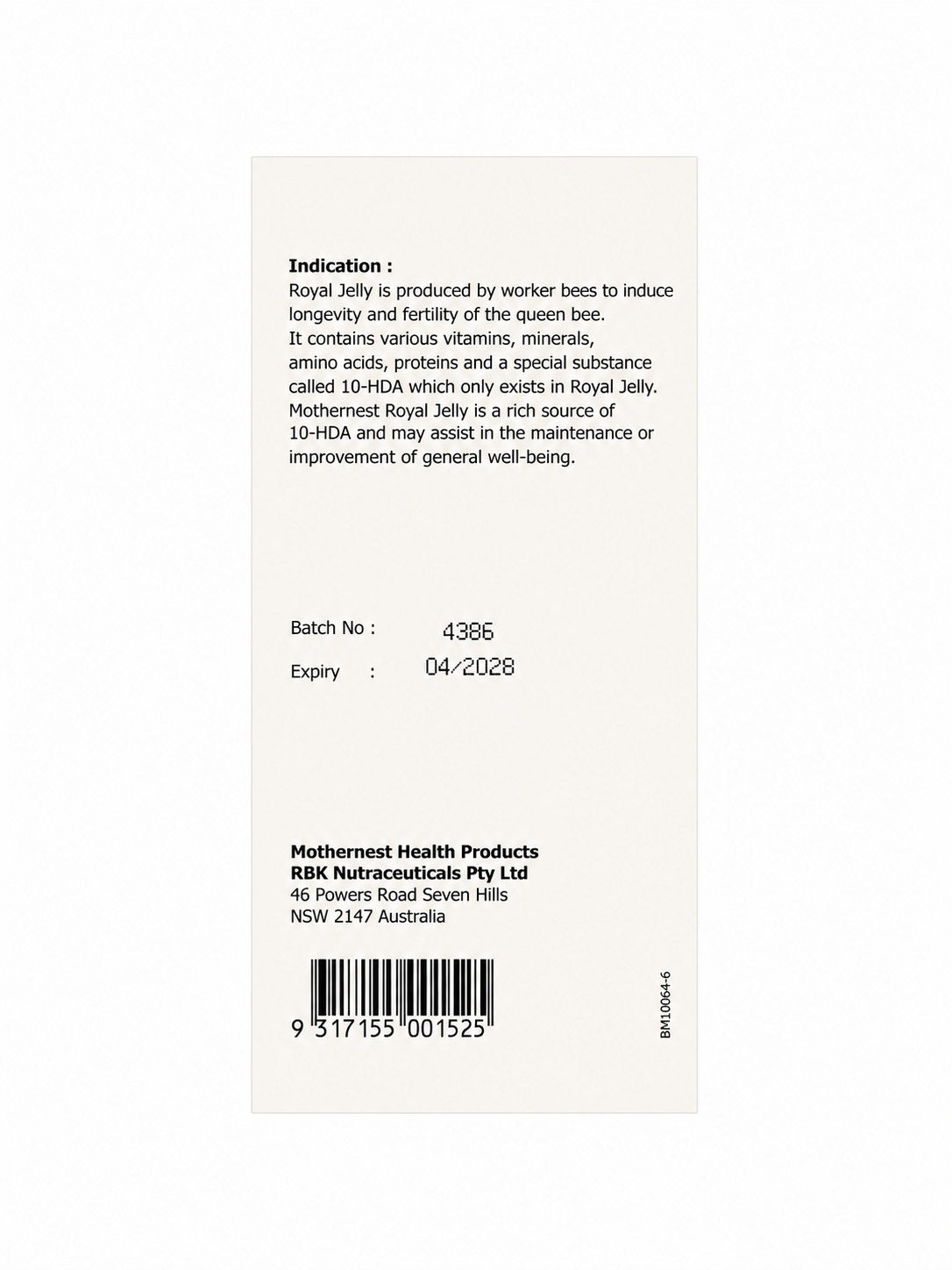 Mothernest Royal Jelly Soft Gelatin 365 Capsules back of pack with indication