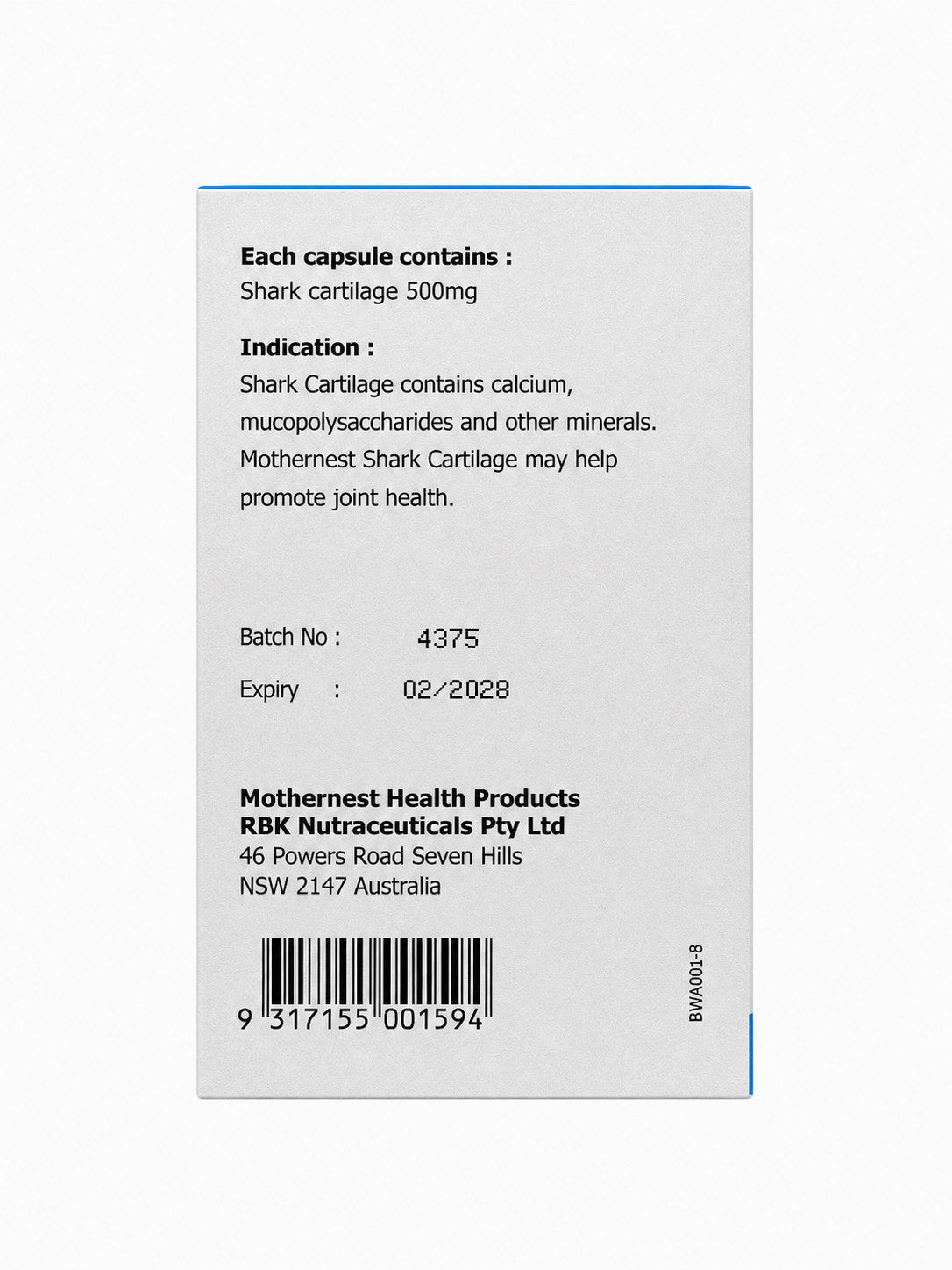 Mothernest Shark Cartilage 500mg 180 Capsules back of pack with ingredients and indication
