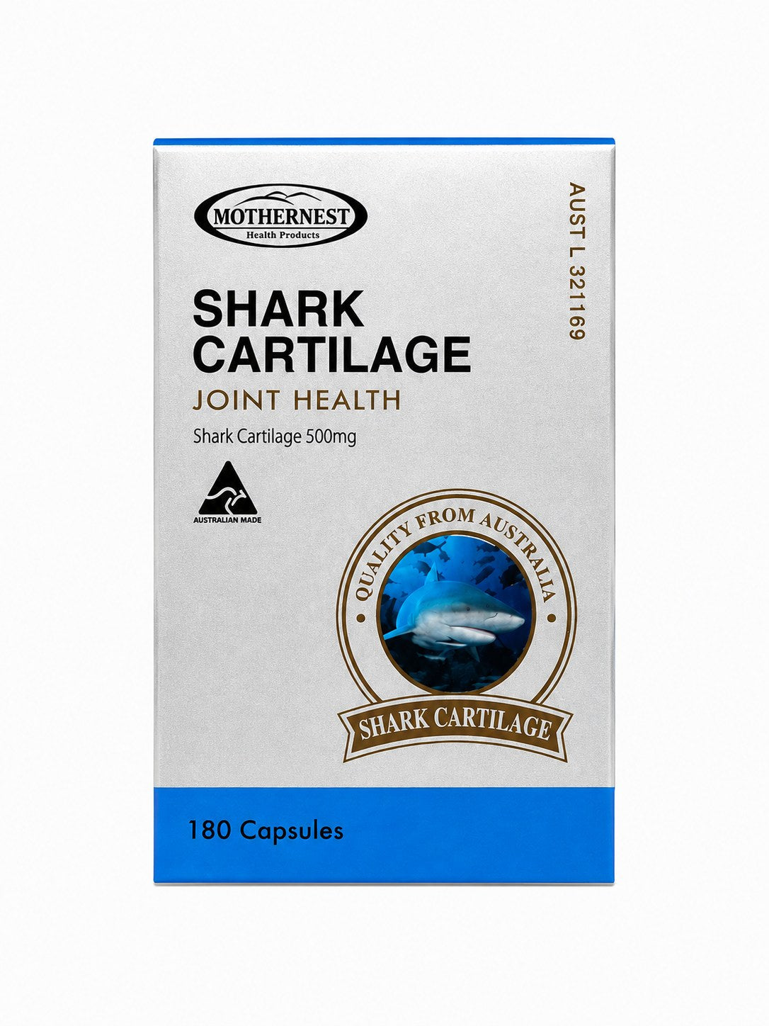 Mothernest Shark Cartilage 500mg 180 Capsules front of pack